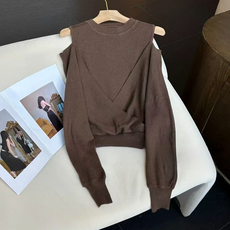 韩版洋气简约设计感假两件长袖针织衫女2025早秋新款宽松显瘦上衣