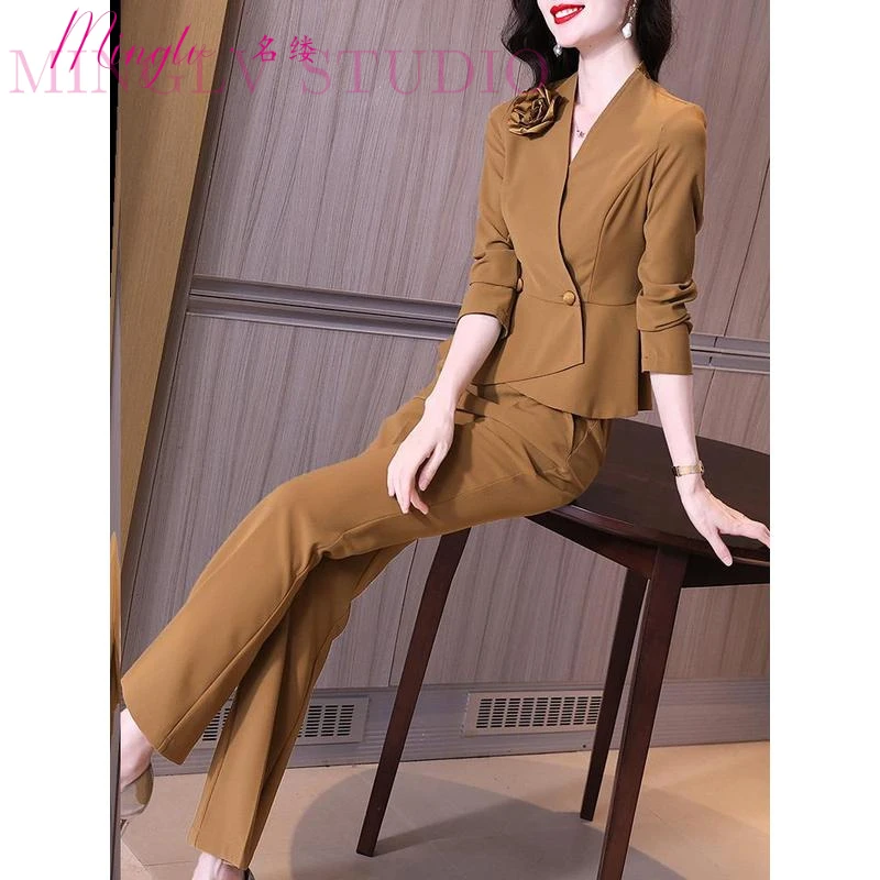 2025秋季干练气质女装套装御姐轻熟时尚交襟V领外套直筒裤两件套