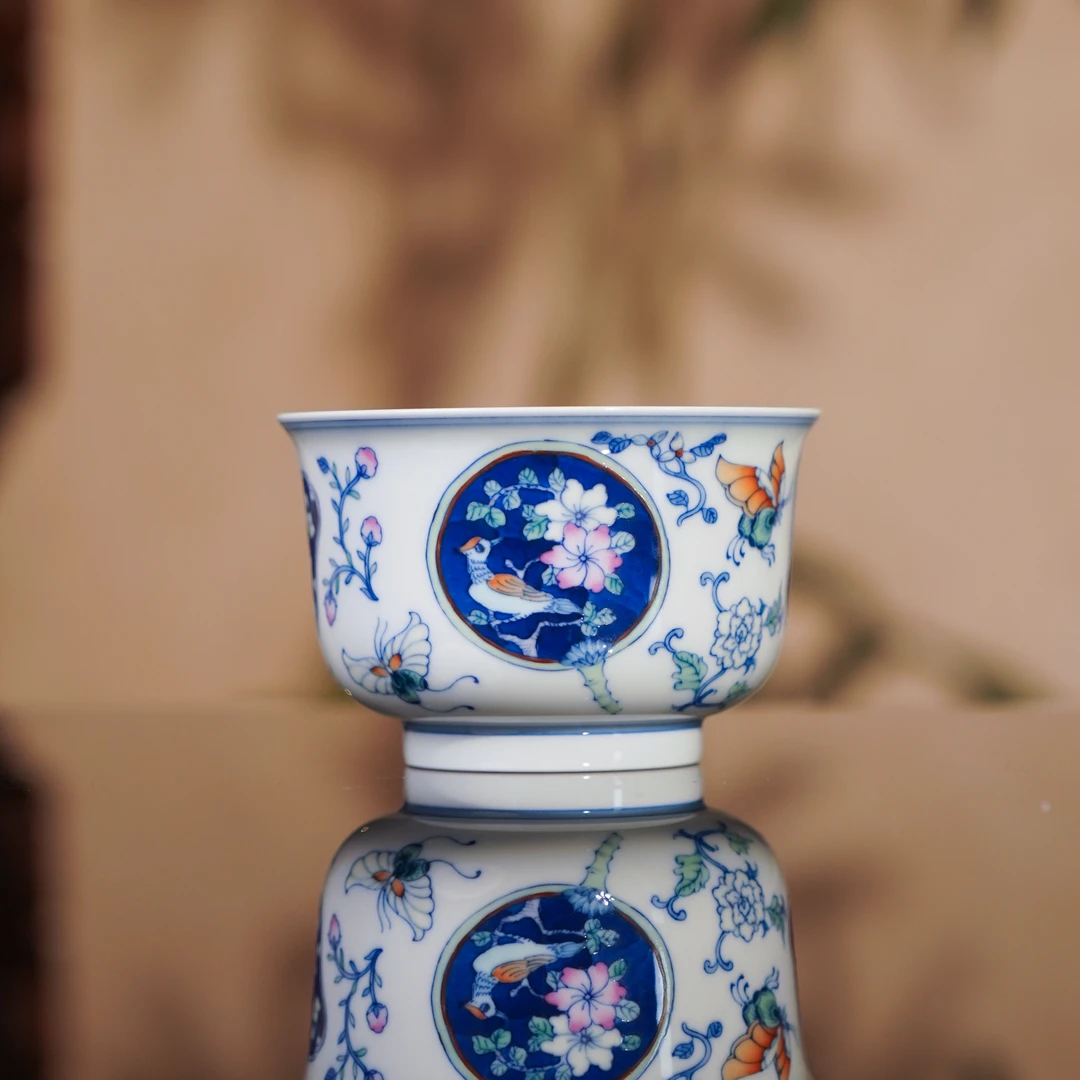 卓君  团扇花鸟墩式杯  茶具茶杯纯手绘陶瓷 ZJ116