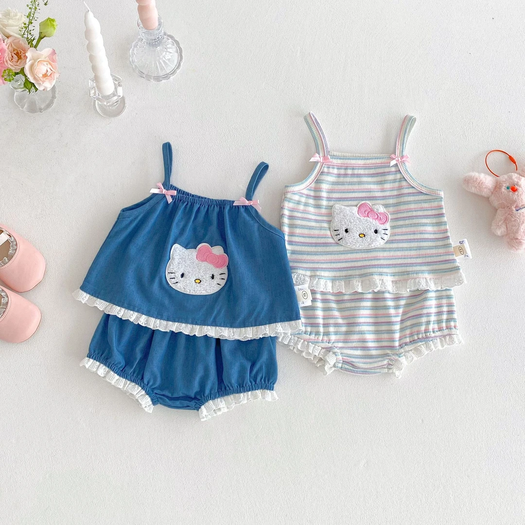 柠檬-女童韩版套装潮范卡通背带无袖公主牛仔蓝粉条连体婴儿257