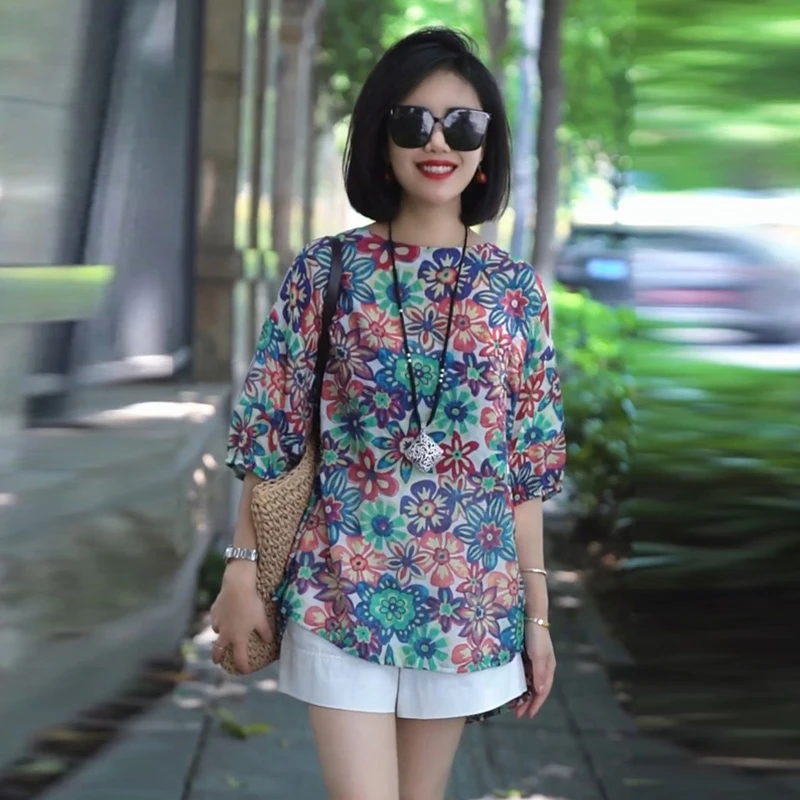 时尚复古宽松简约风太阳花衬衫2025夏季新款休闲印花遮肉减龄上衣