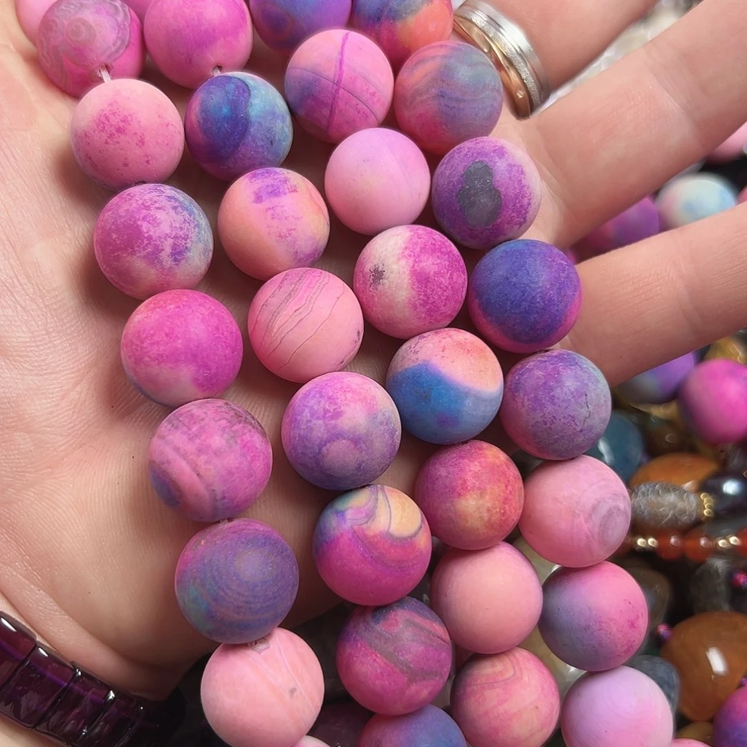 玛瑙/玉髓合金珠宝半成品A631，磨砂彩绘玛瑙圆珠一条16mm