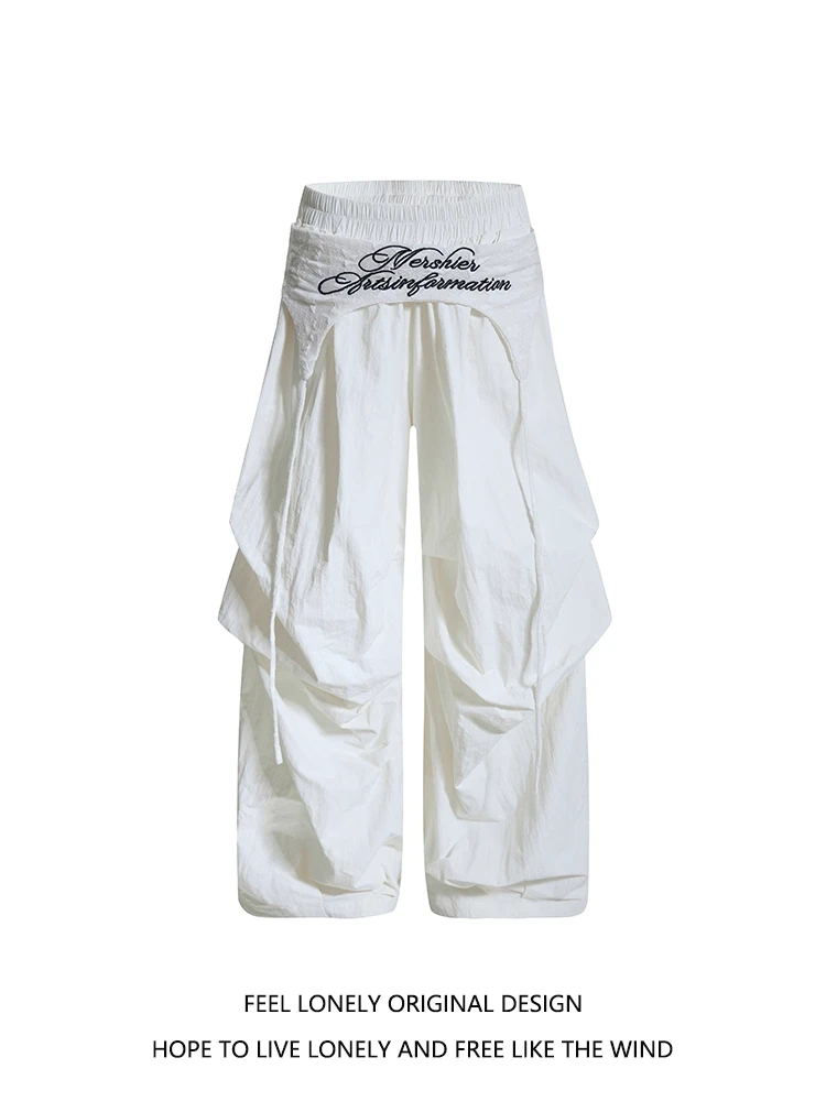 美式白色叠穿工装伞兵裤女2025夏季新款设计感拖地阔腿休闲长裤子