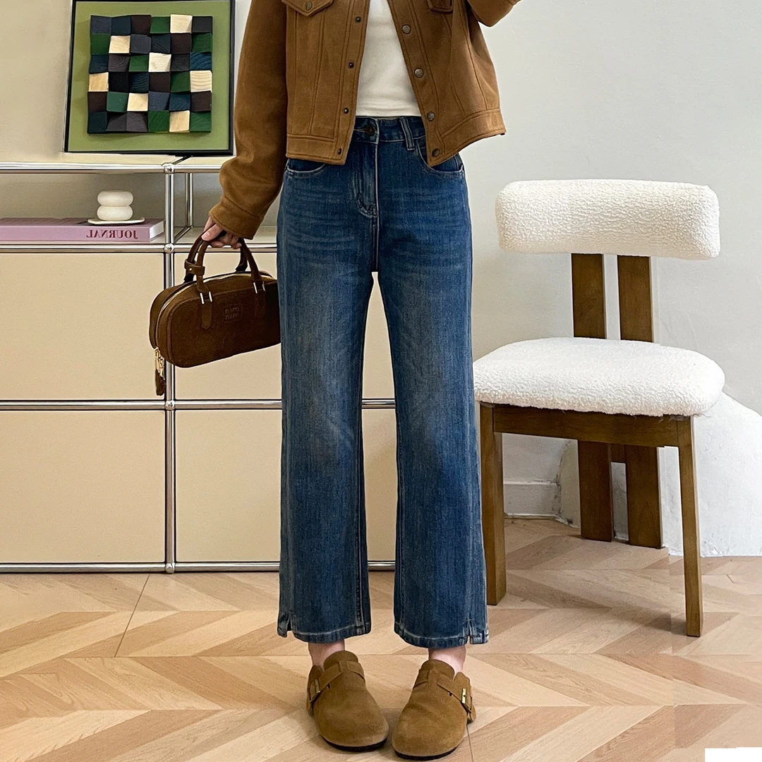 窄版直筒牛仔裤女高腰遮胯显瘦烟管裤梨型身材大码百搭弹力九分裤