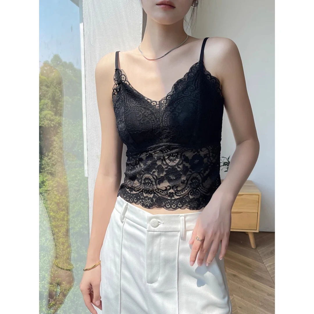 黑色v领蕾丝吊带背心女内搭夏带胸垫美背无袖打底设计感上衣外穿
