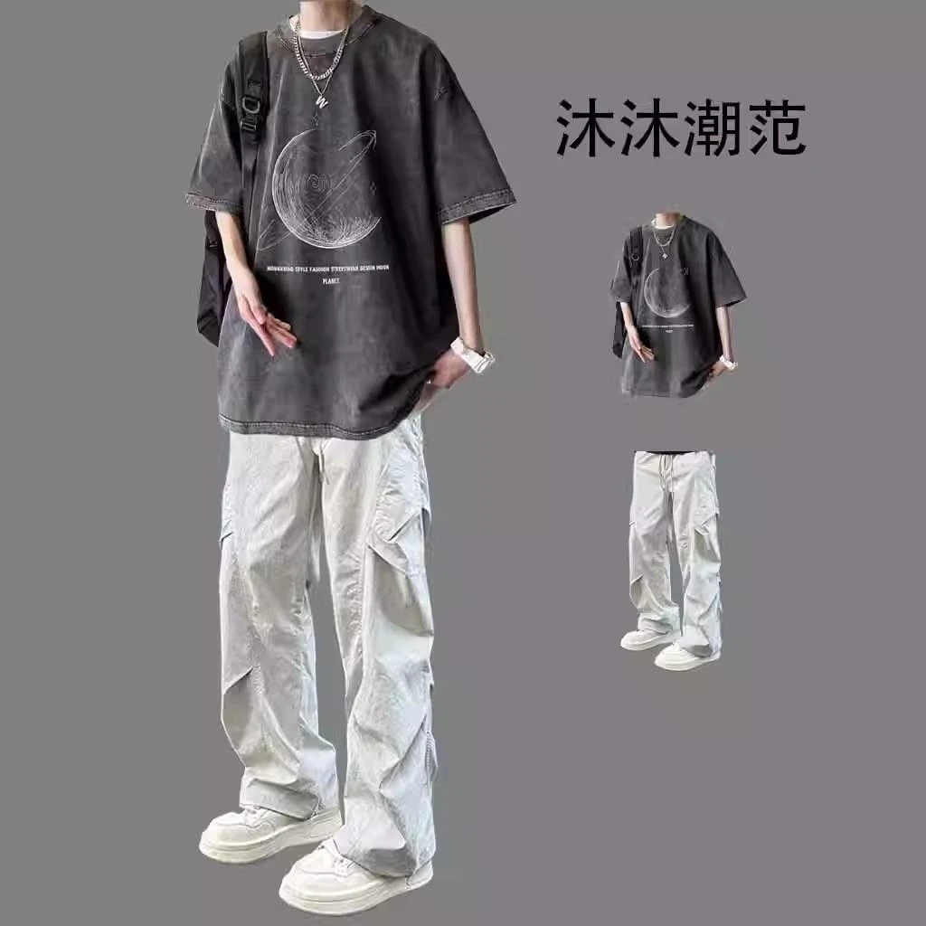 水洗做旧短袖套装男生夏季潮牌复古T恤一套搭配工装裤宽松两件套
