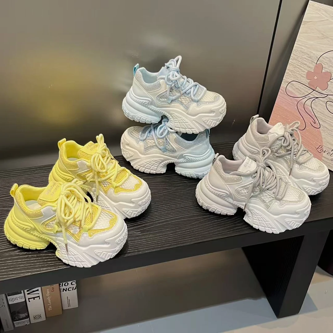 6CM茶里茶气~透网运动鞋女鞋2025夏季软底舒适厚底增高老爹鞋豆豆