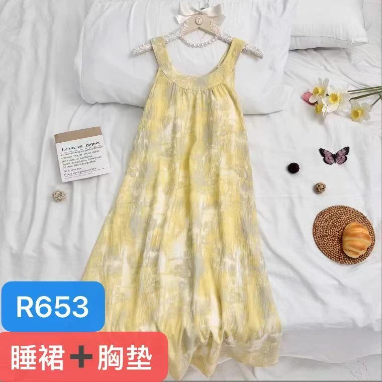 R653夏季清凉一夏黄色扎染吊带睡裙带胸垫