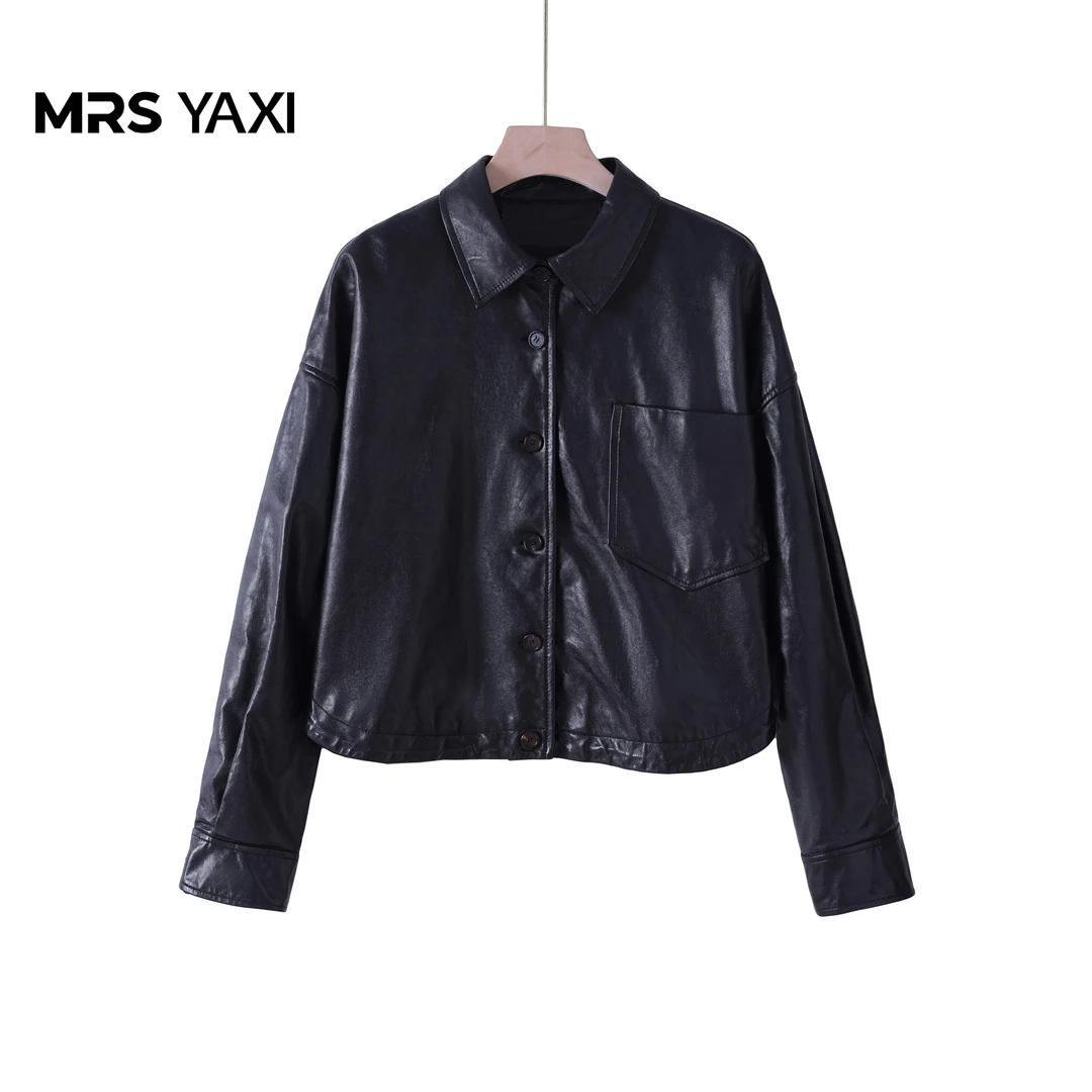 Mrsyaxi小翻领单口袋立体剪裁短款绵羊皮衣YX5071103