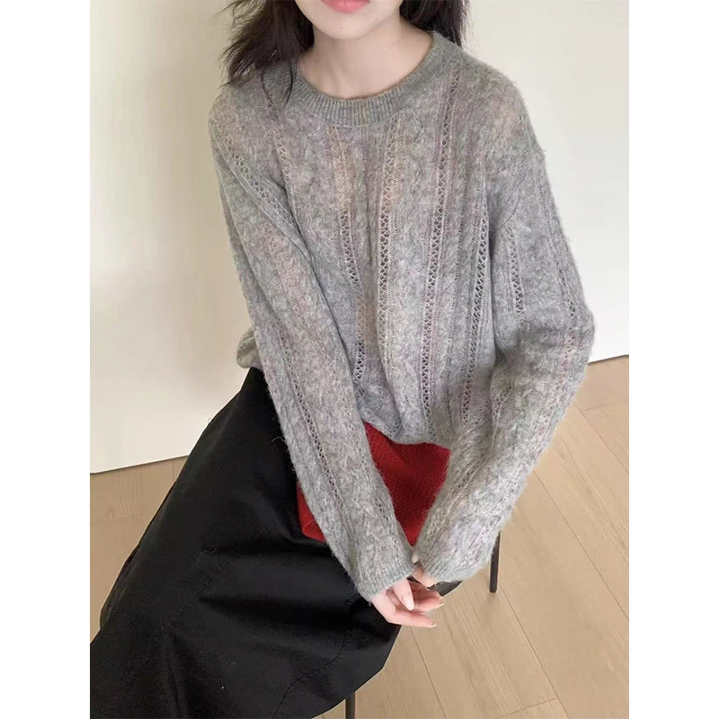 「镂空麻花」秋季新款洋气圆领长袖针织时尚麻花镂空针织开衫外套