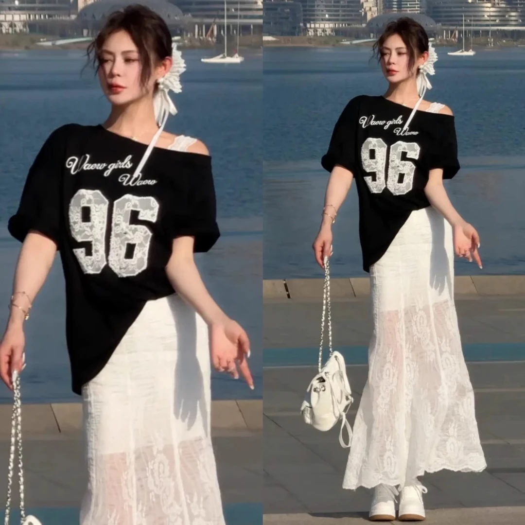 韩系慵懒风宽松蕾丝拼接字母斜肩短袖体恤女夏季蕾丝鱼尾裙两件套
