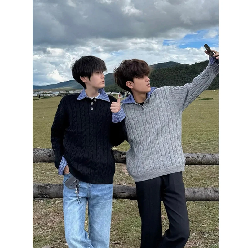 cra假两件复古毛衣男款秋冬季高级感格子拼接cleanfit美式针织衫