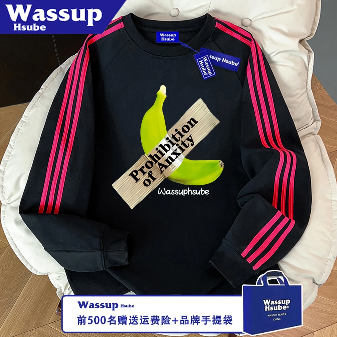 WASSUP HSUBE百搭潮流三条杠宽松休闲圆领长袖印花秋冬情侣上衣