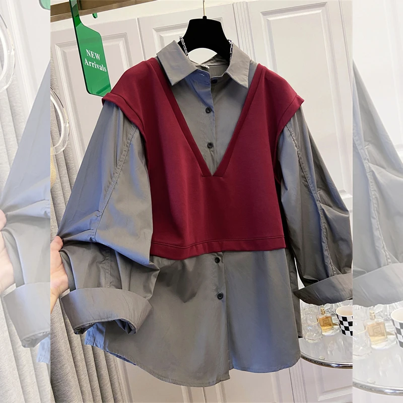 秋冬季时尚新款韩版假两件条纹拼接长袖衬衫上衣女大码中长款衬衣