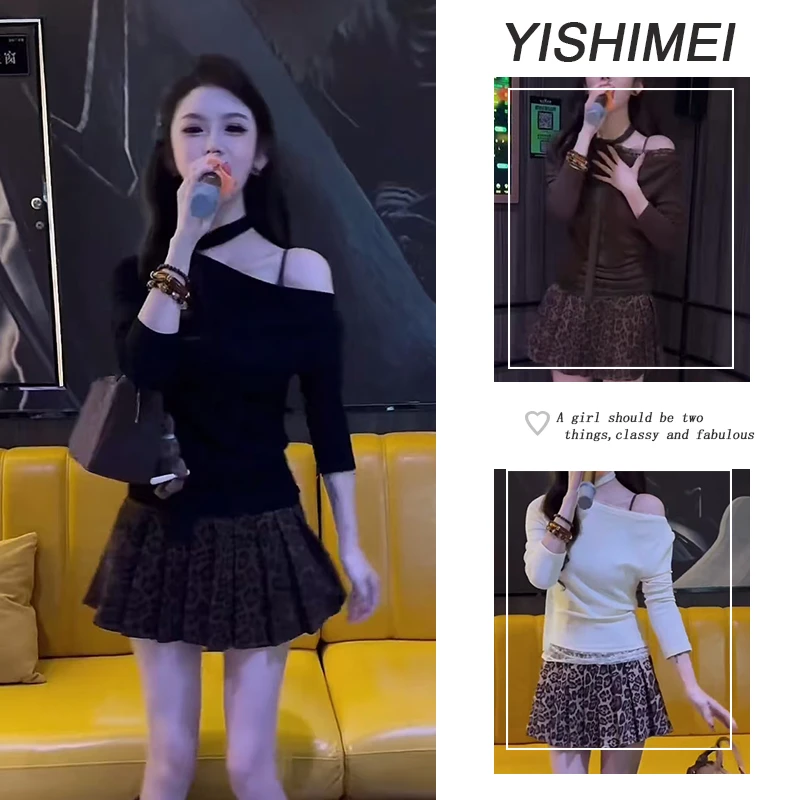 早秋时尚穿搭2025年新款韩系百搭露肩斜肩长袖上衣豹纹短裙两件套