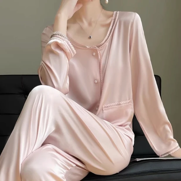 达芬奇密码粉黛珠光睡衣女轻奢时尚睡衣家居服薄款套装宽松