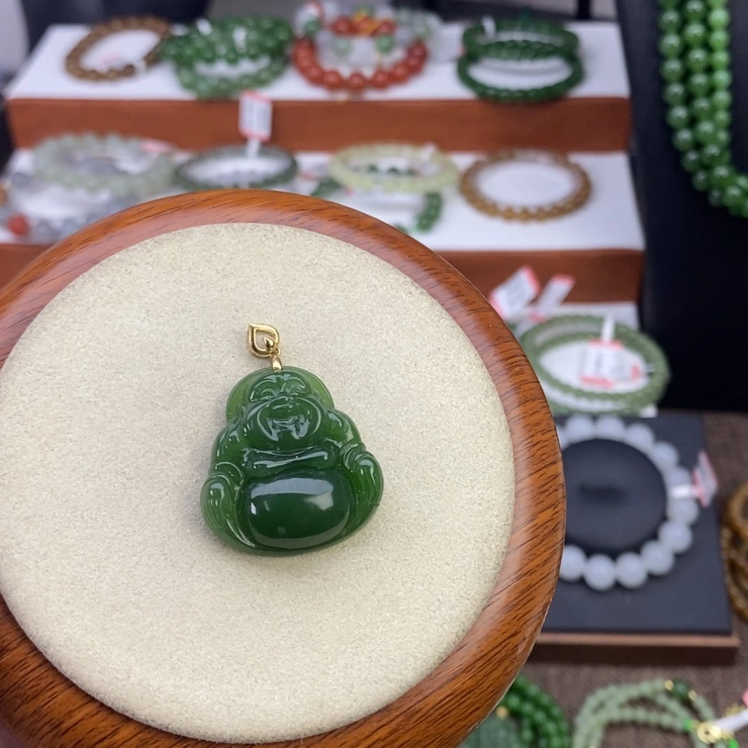 和田玉手链18K金镶嵌碧玉佛公