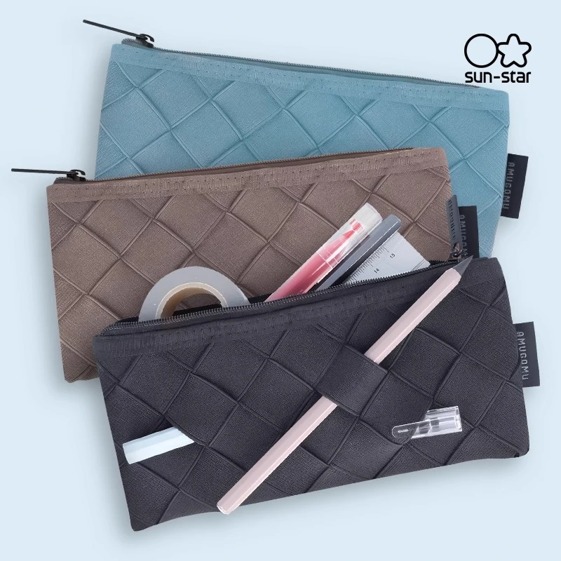 sunstar太阳星AMUGOMU编织格纹绑带笔袋拉链文具纯色涤纶简约时尚