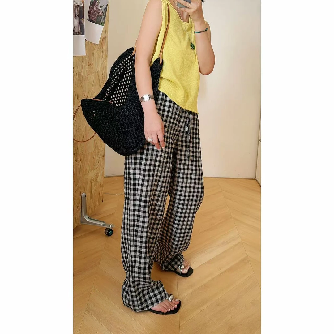 "经典黑白格2.0" 100色织亚麻休闲格子裤 自带凉感 女裤 W-216