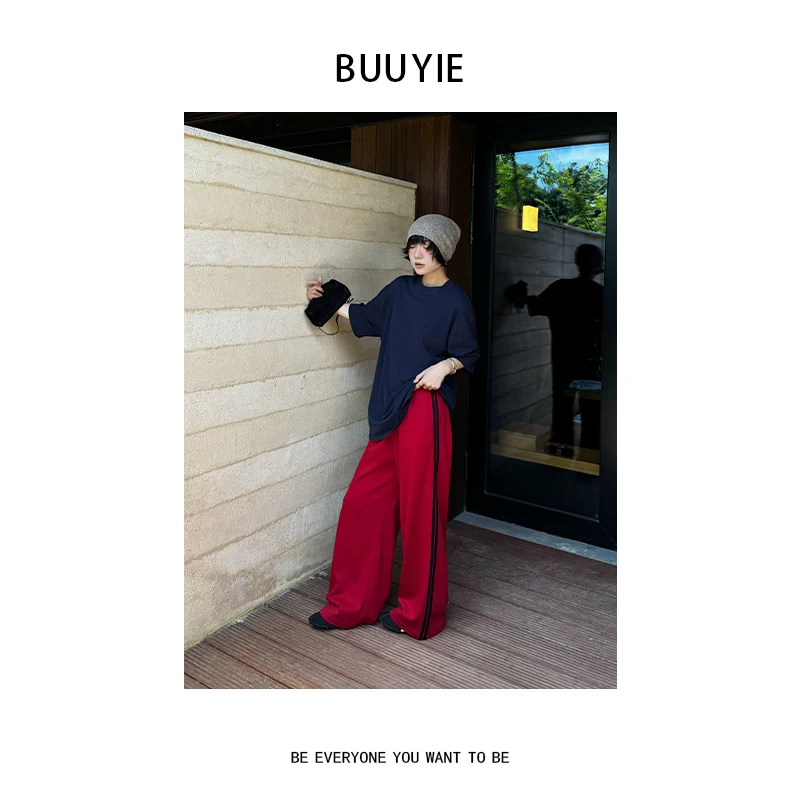 BUUYIE 25SS【赤釉】简约风洋气高级感纯色松紧腰休闲裤 250571