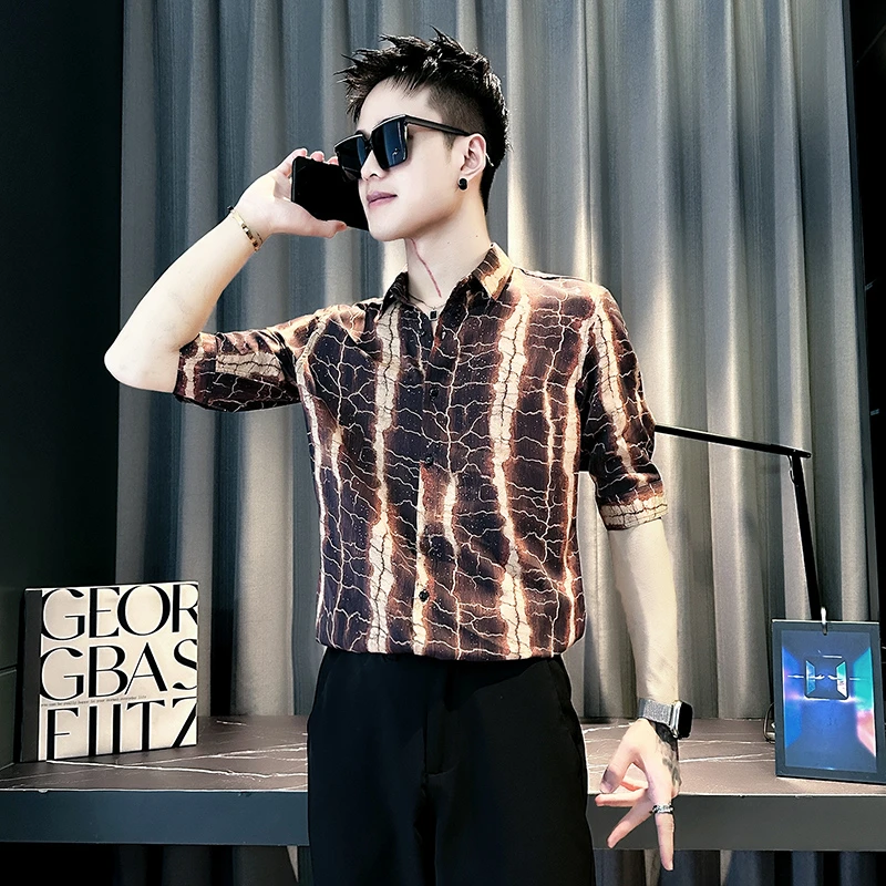 痞帅条纹中袖衬衫男款夏季薄款冰丝短袖衬衣透气凉感五分袖上衣服