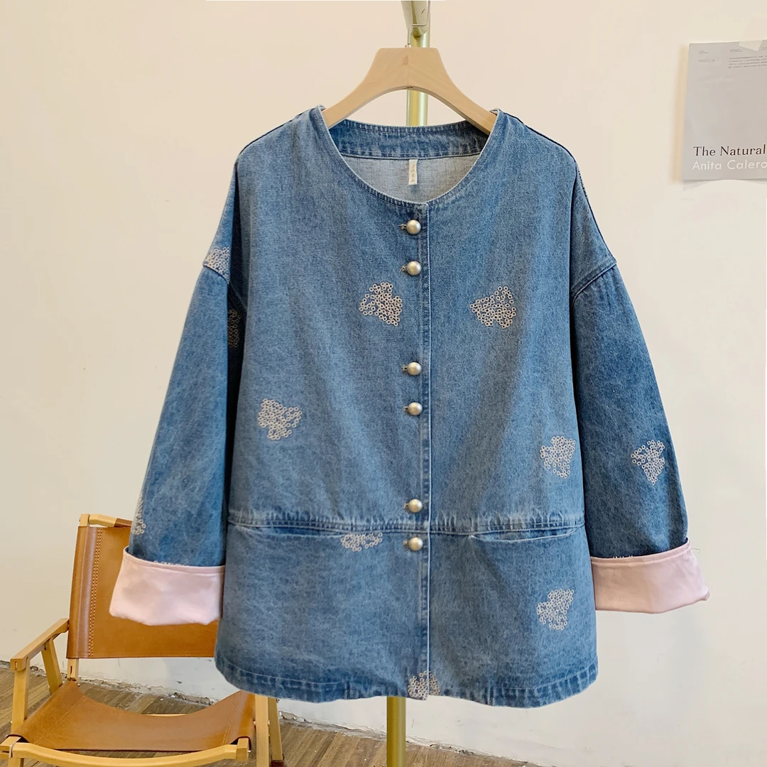 悦色Y3126刺绣袖口翻边圆领牛仔外套