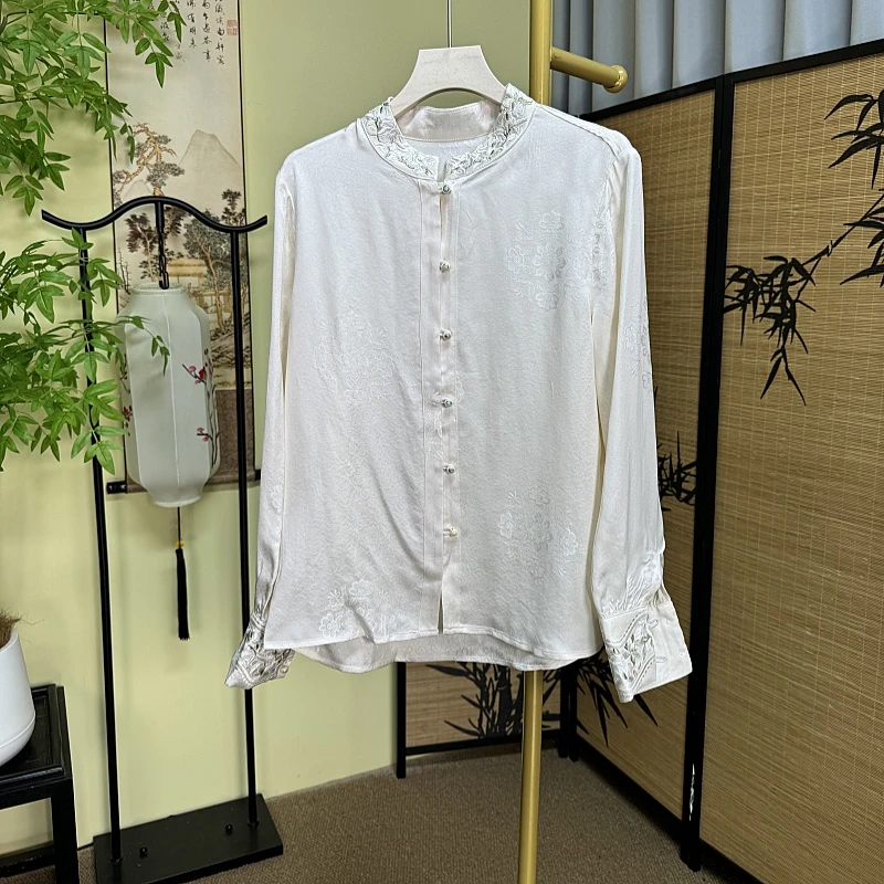 【早春桑蚕丝小衫】新中式小衫气质长袖百搭立领提花重磅桑蚕丝打底