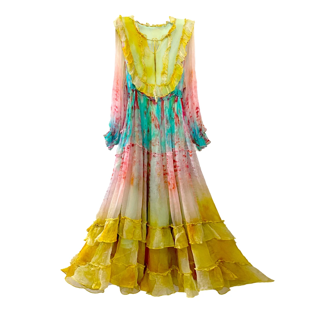 新款印花100桑蚕丝收腰连衣裙女百搭气质长裙修身仙女裙