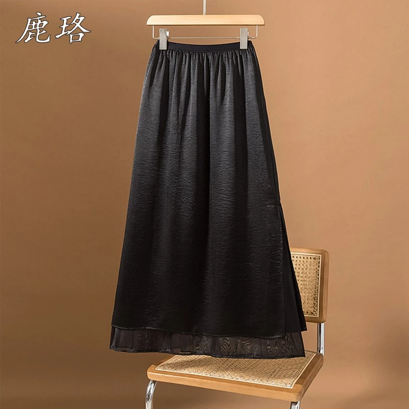 大码黑色醋酸缎面垂感半身裙女夏季胖mm高级感气质网纱拼接a字裙