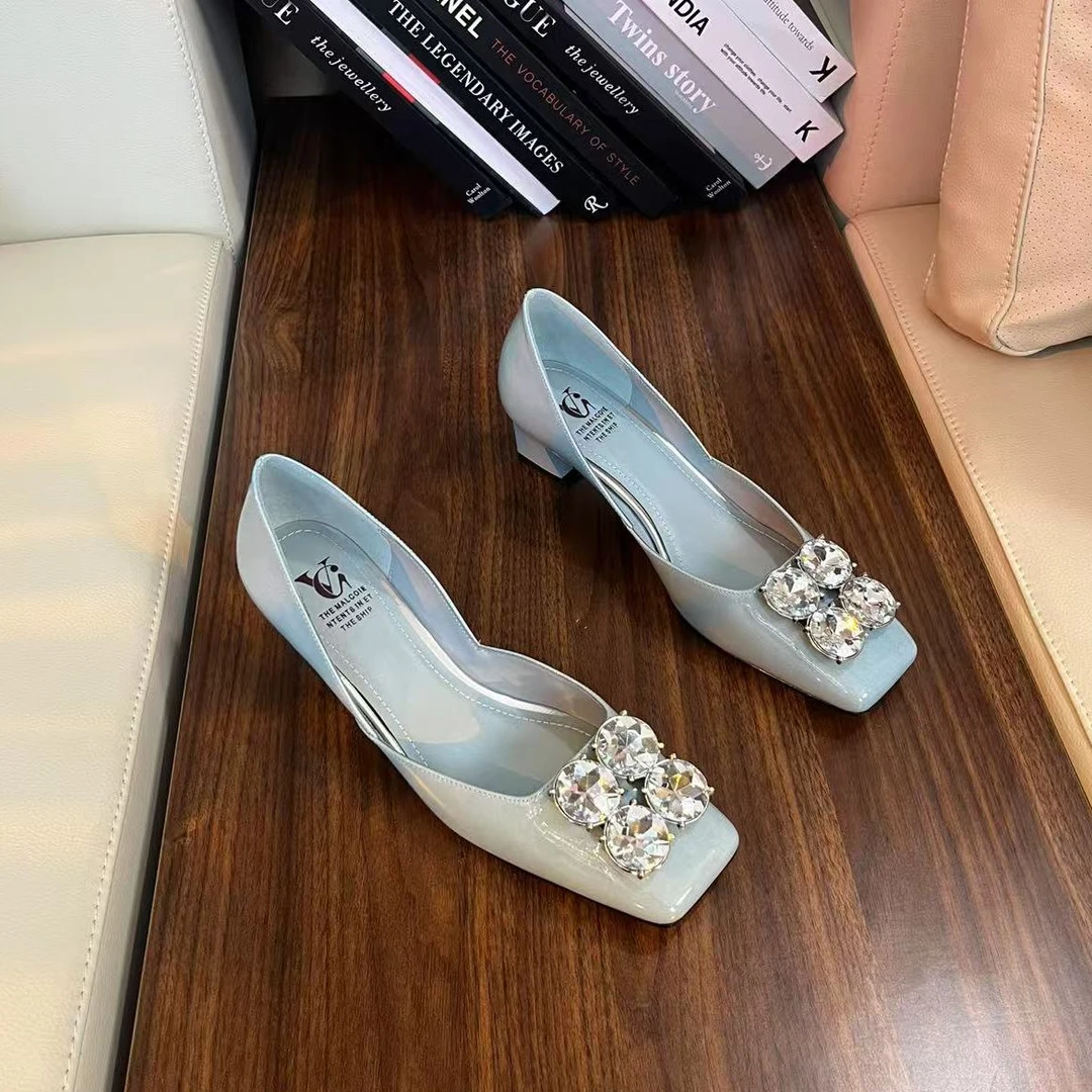 范戈希牛皮跟4cm春季粗跟气质法式小众cs酒红色新娘鞋漆皮买1赠3