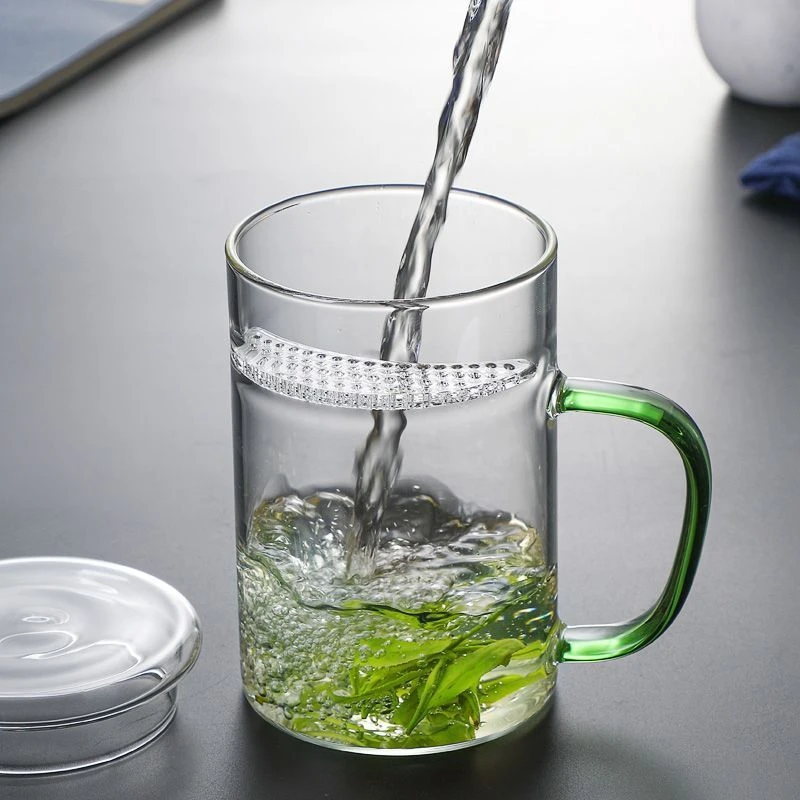 大容量月牙杯500ml高硼硅玻璃耐高温一体式月牙片过滤透明绿茶杯
