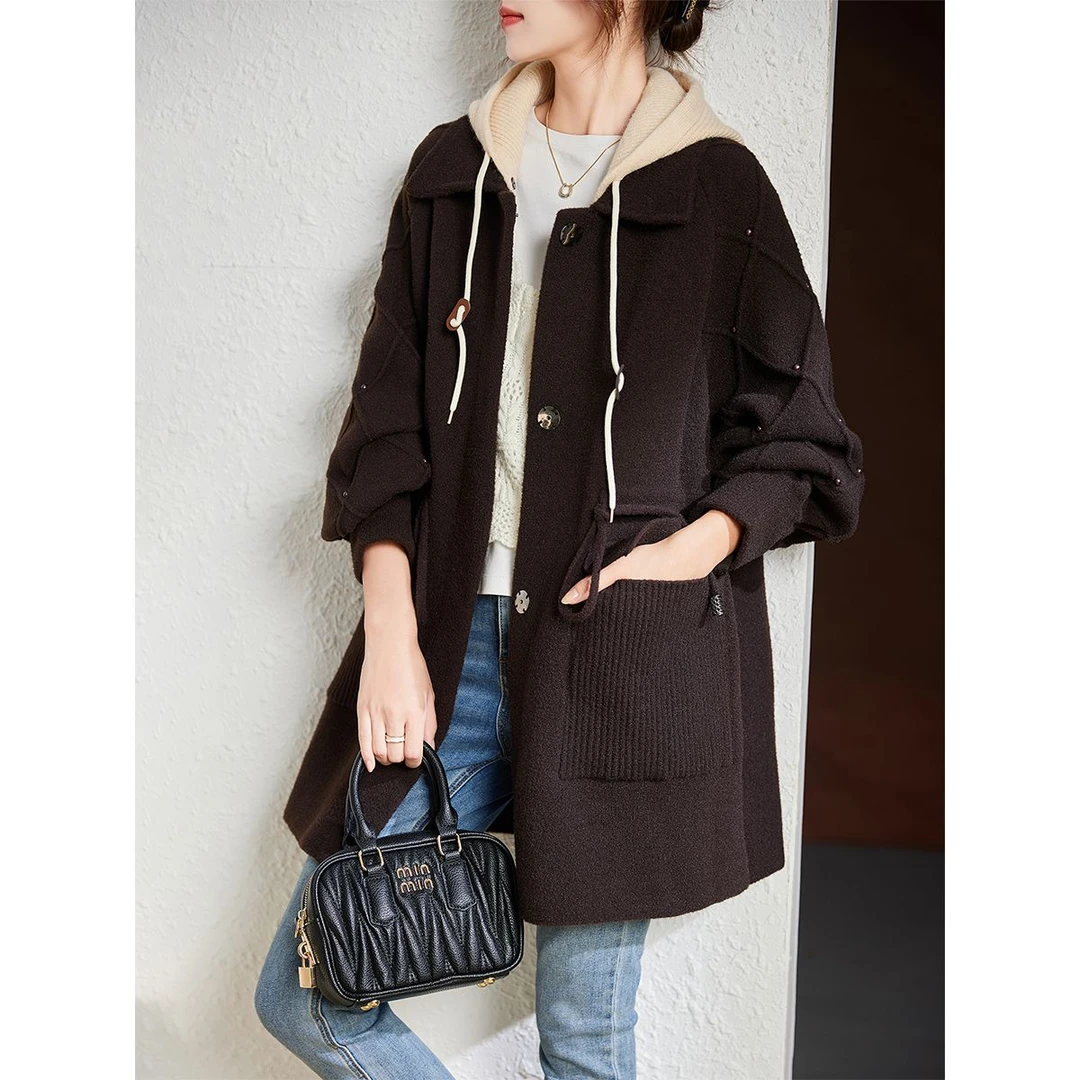 衣品乐拼接假两件连帽外套女秋冬新款宽松中长款呢子大衣B7823