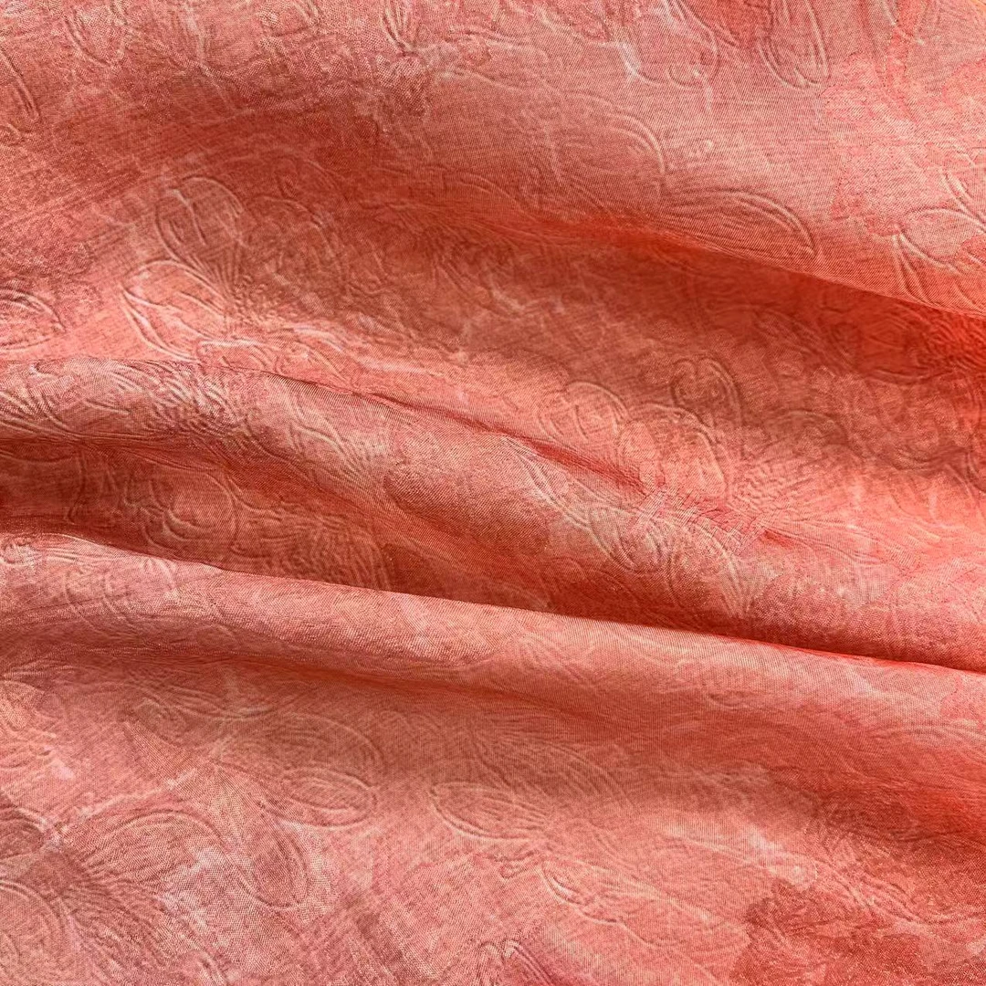 【绒兰】立体浮雕！浮光纱数码印花面料 15号 橘粉繁花