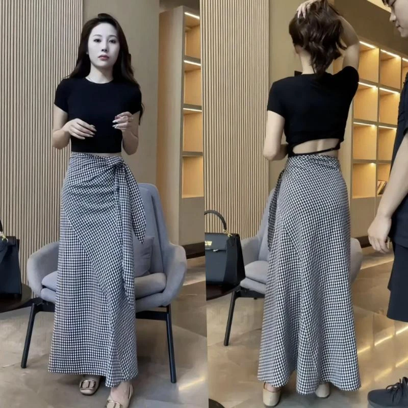 老钱风松弛感女装贵气K御姐风法式高腰格纹系带半身裙女夏新款时