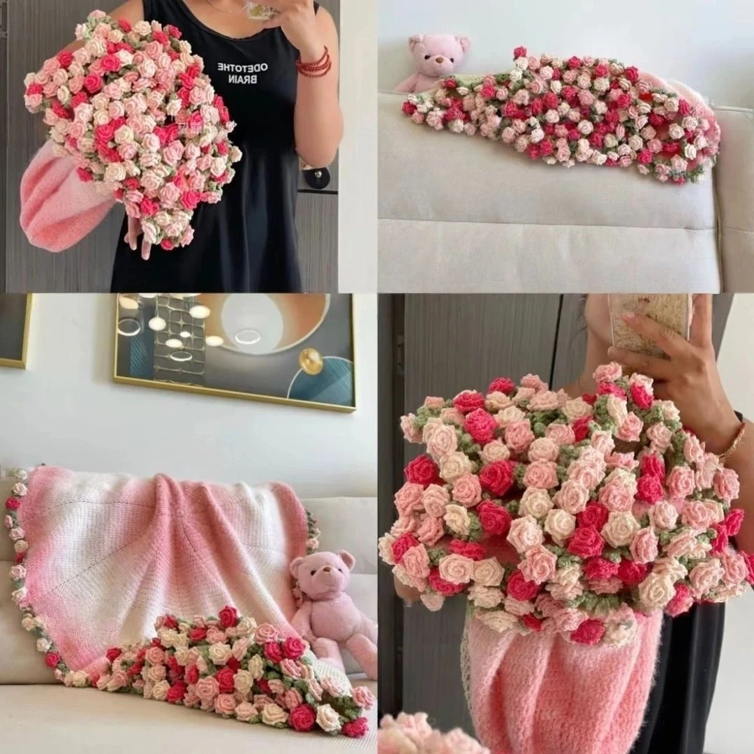 毛毯尖角玫瑰花束毯子钩织铃兰手工礼物编织diy毛线材料包送女友