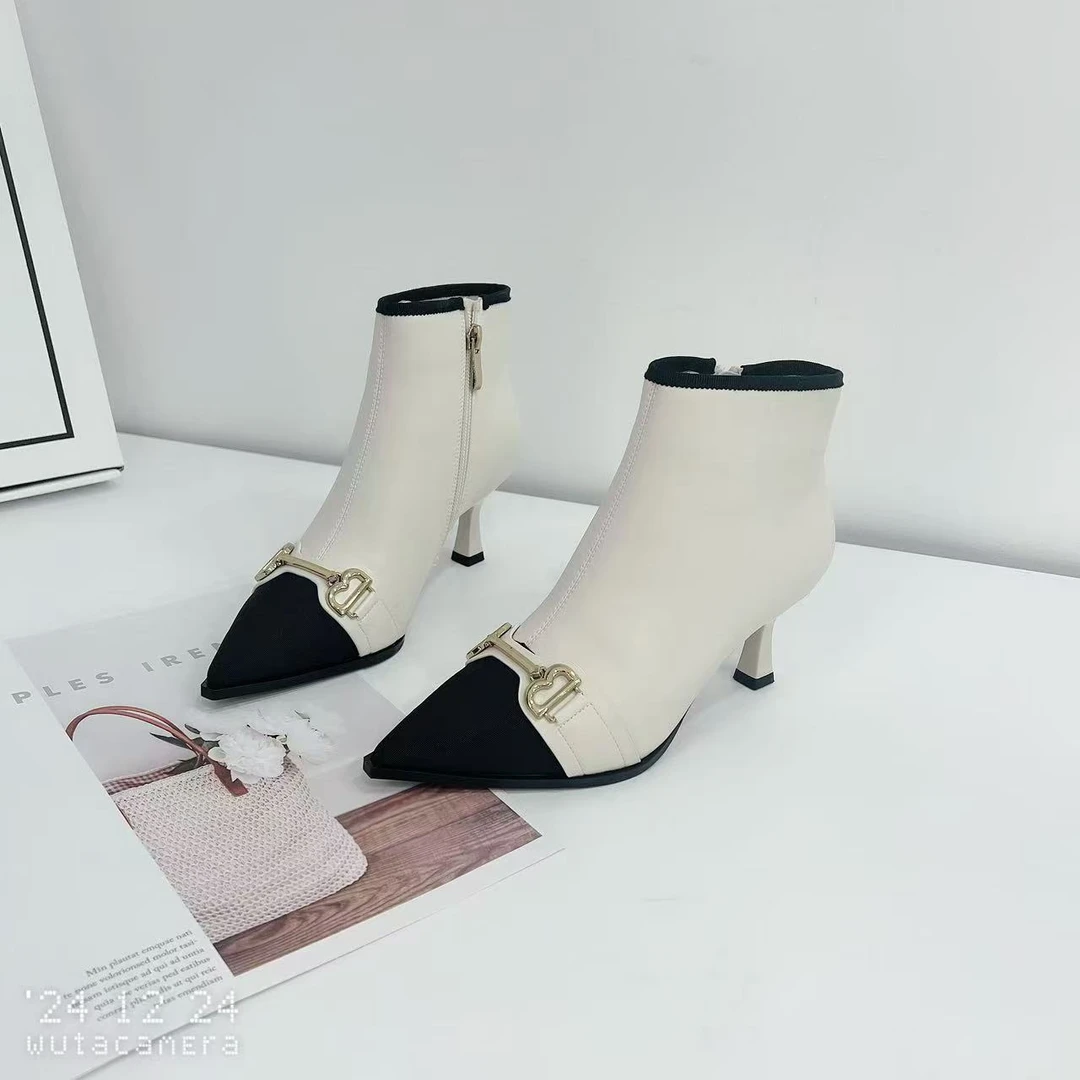 503608新款尖头细跟拼接拼色金属扣时尚气质短靴（加绒）