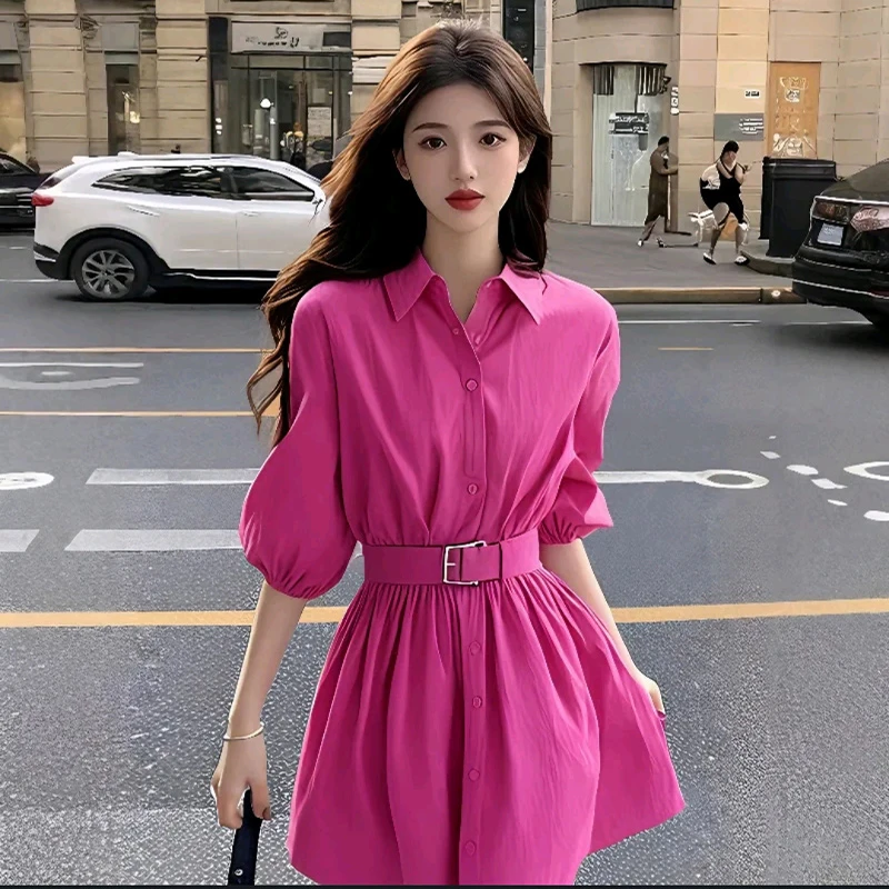 夏季女装2025新款气质穿搭独特漂亮玫红色收腰短裙御姐衬衫连衣裙