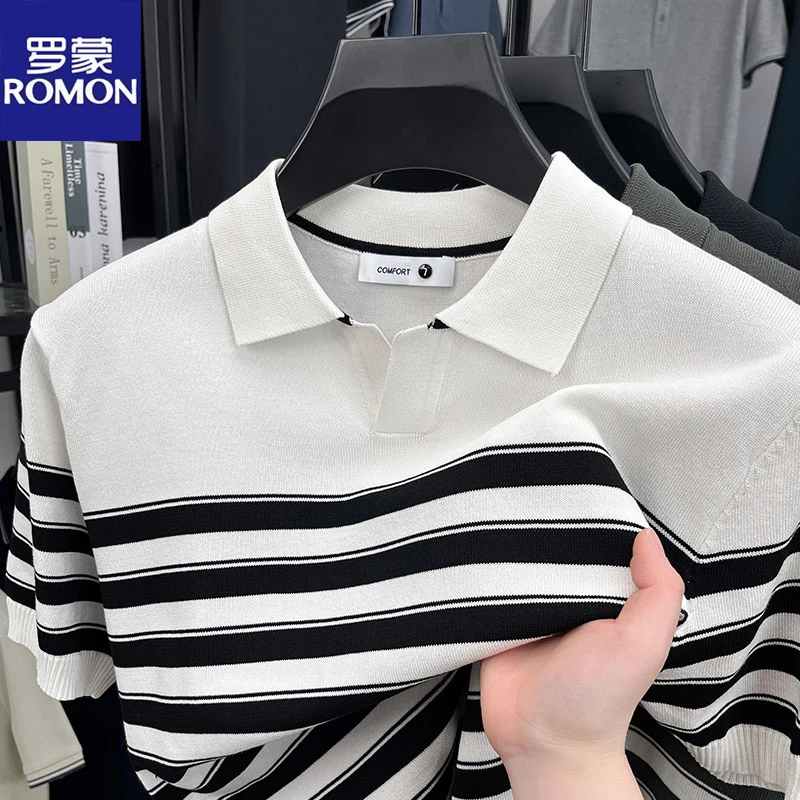 罗蒙短袖条纹V开翻领透气针织男t夏季潮流休闲修身拼色polo衫上衣