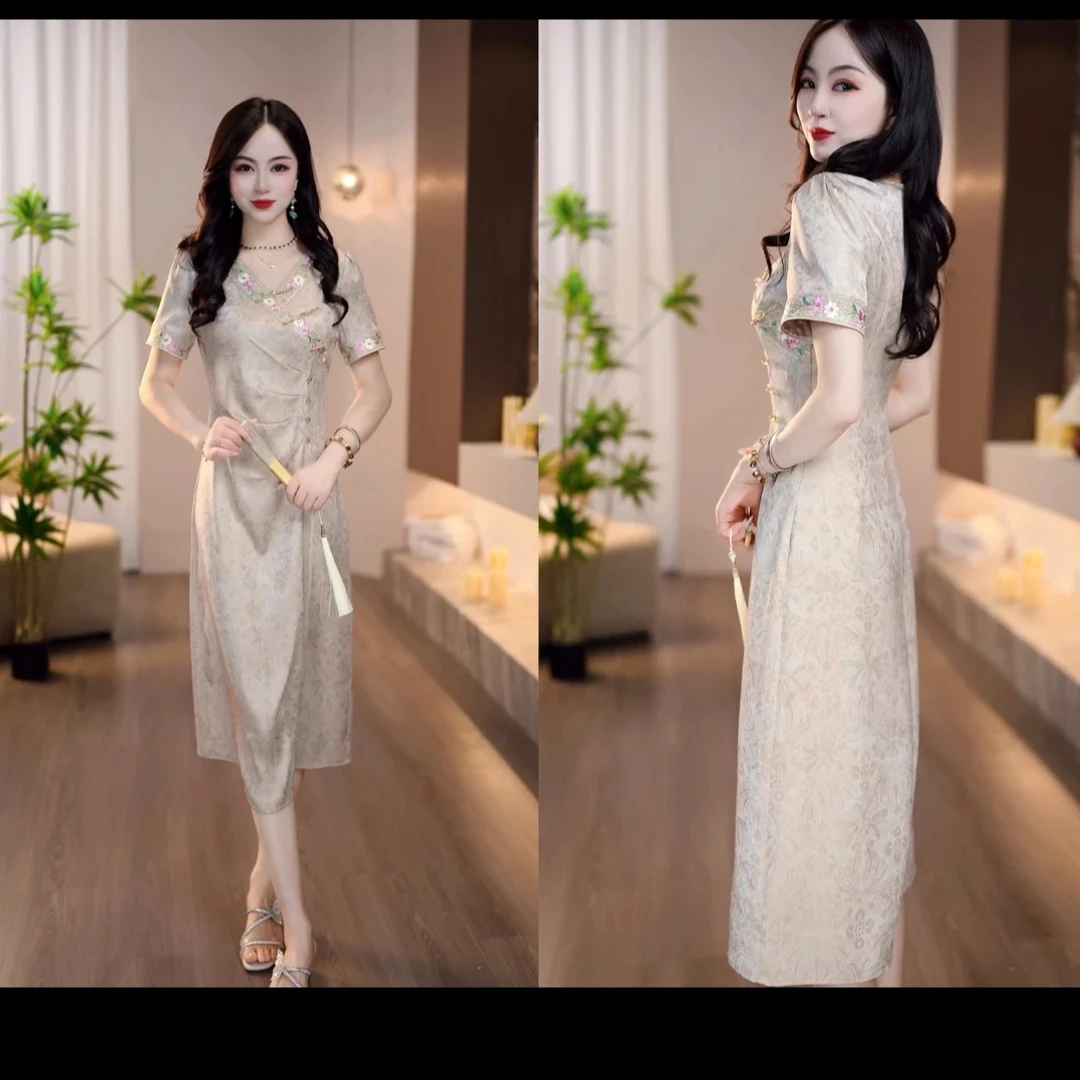 2025夏季新款双色晕染缎面提花新中式旗袍显瘦气质连衣裙M-4XL