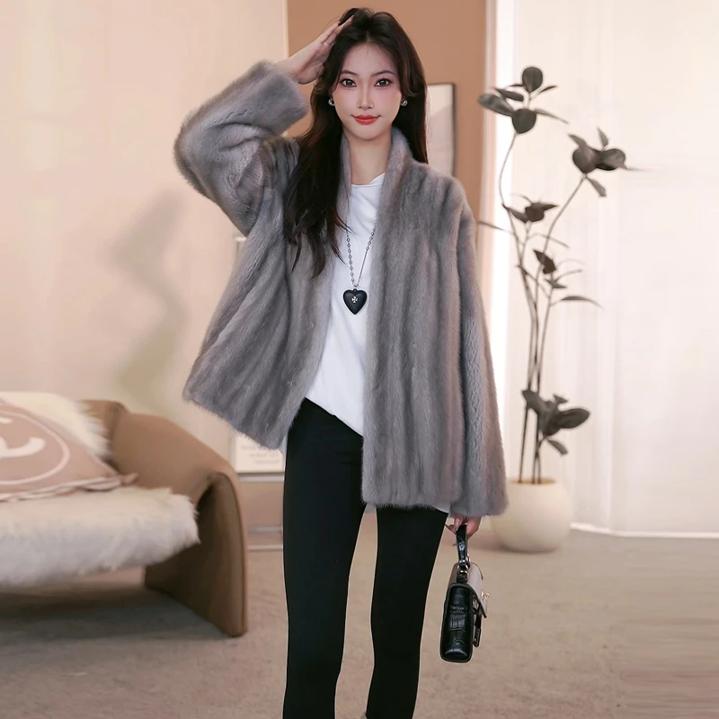 进口北美原生貂全抽刀短款V领貂皮大衣女母貂皮草外套显瘦休闲款