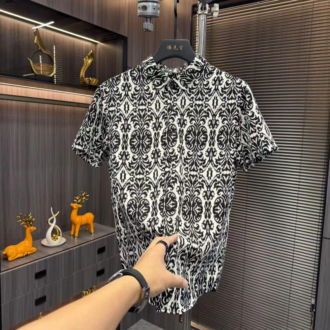 印花短袖衬衫翻领休闲男豹纹成人潮流夏季男士满印提花半袖衬衣