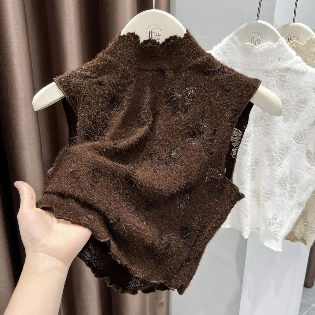 蝴蝶磨毛蕾丝打底衫女新款洋气半高领无袖小衫内搭假领子时尚上衣