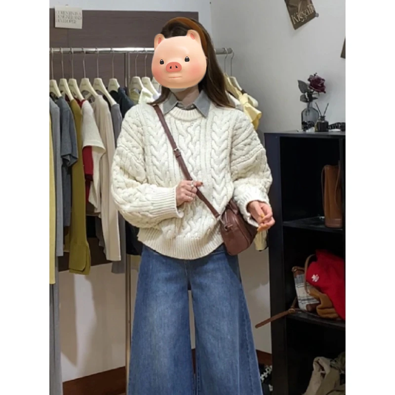 早秋氛围感穿搭学院风套头麻花毛衣女秋冬季慵懒风叠穿针织衫上衣