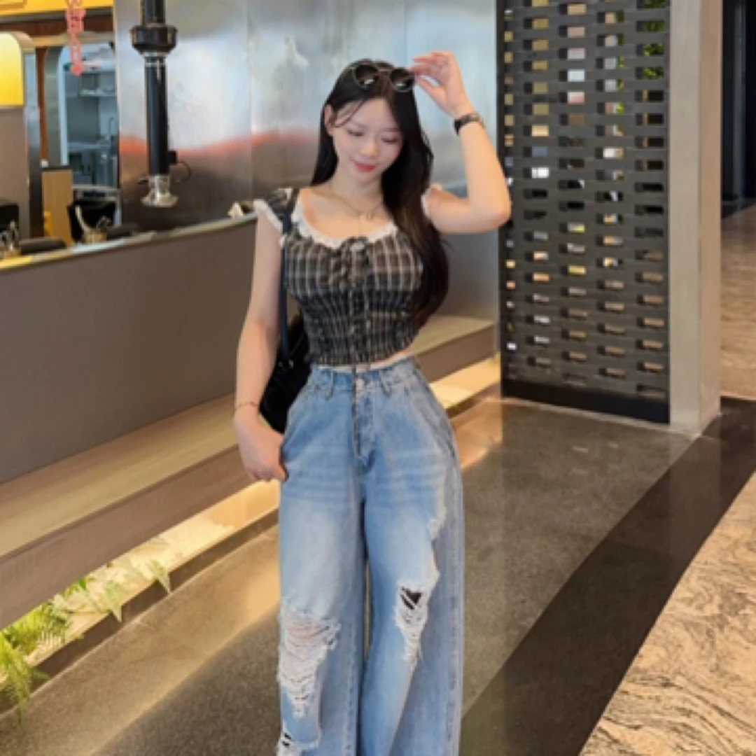 【TX】韩国设计系带花边小飞袖衬衫/韩国毛边设计高腰割破牛仔裤