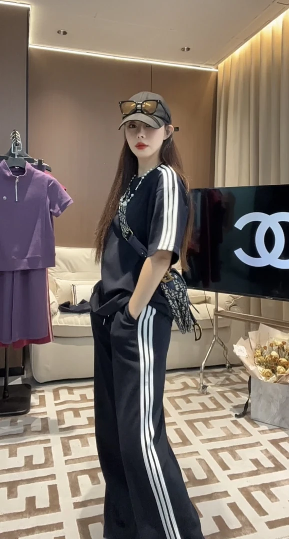 沐沐专属夏季条纹运动休闲套装宽松直筒短袖长裤-A2521