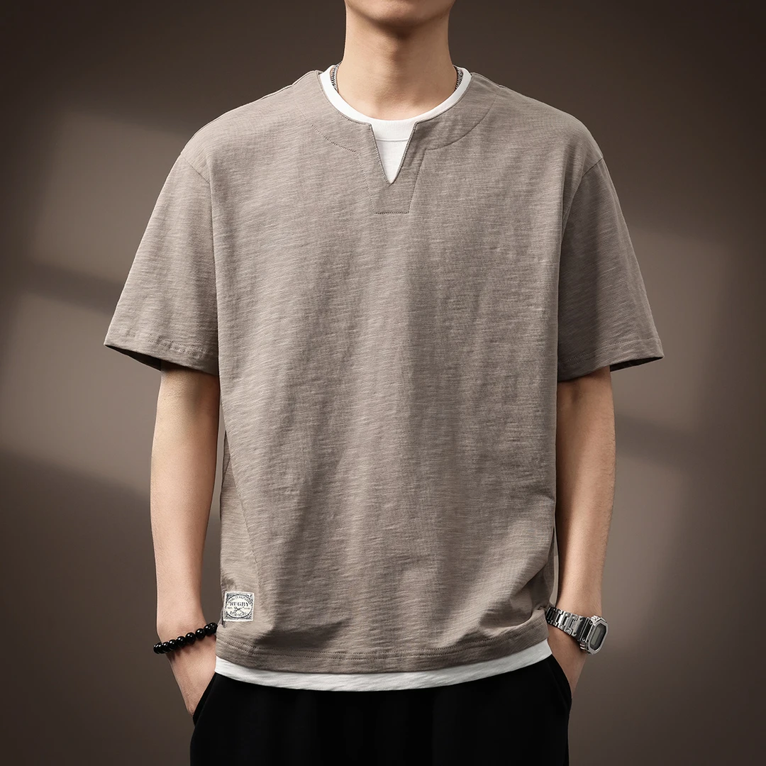 高端竹节棉假两件日系复古T恤男2025夏季新款宽松休闲短袖上衣男