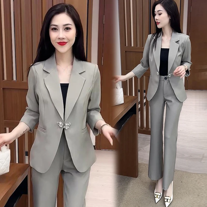 新国风盘扣西装套装女2025年春秋新款时尚洋气西服直筒裤两件套潮