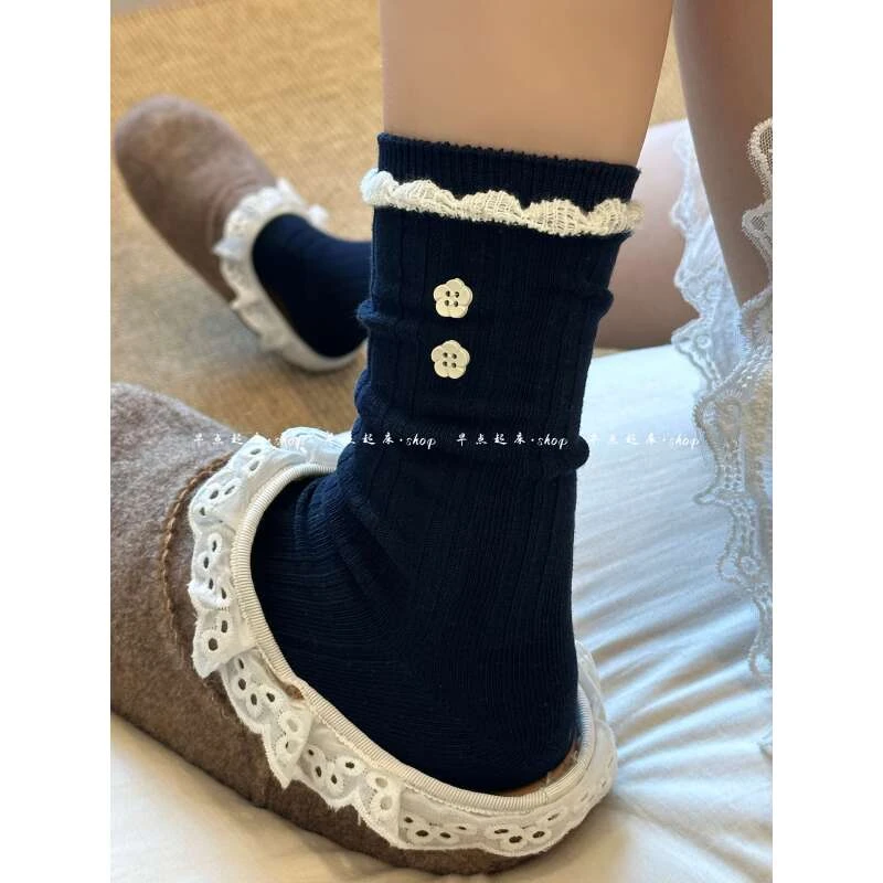 【早点起床shop】藏青系早秋氛围感复古双针蝴蝶结纽扣撞色中筒袜