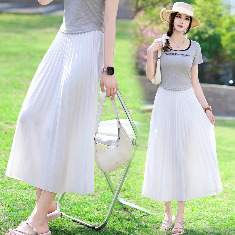 夏季2025纯色高级感百褶中长款半身裙韩系气质减龄慵懒风裙子女