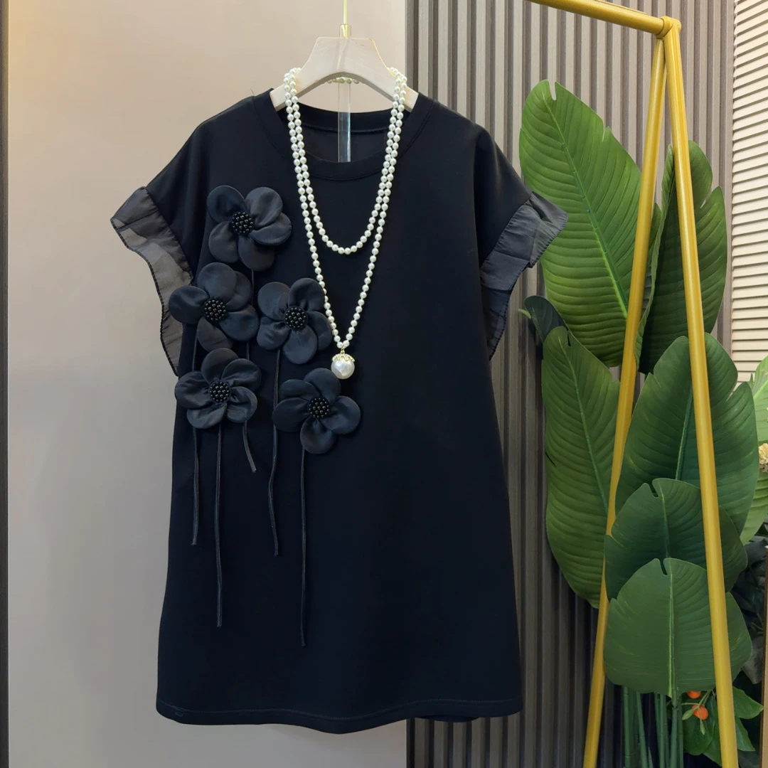 大码胖妹妹韩系宽松飘带花朵设计感T恤衣长78左右休闲洋气减龄潮T